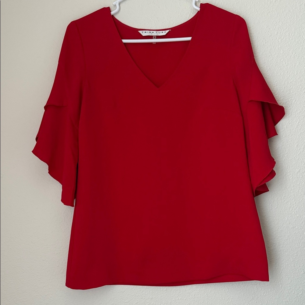 Trina Turk Flutter Sleeve V Neck Blouse Red